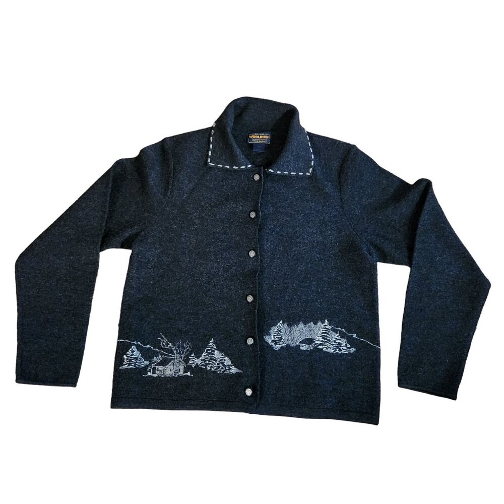 Woolrich Womens Medium Charcoal Gray Button-Up Cardigan With Embroidered Forest